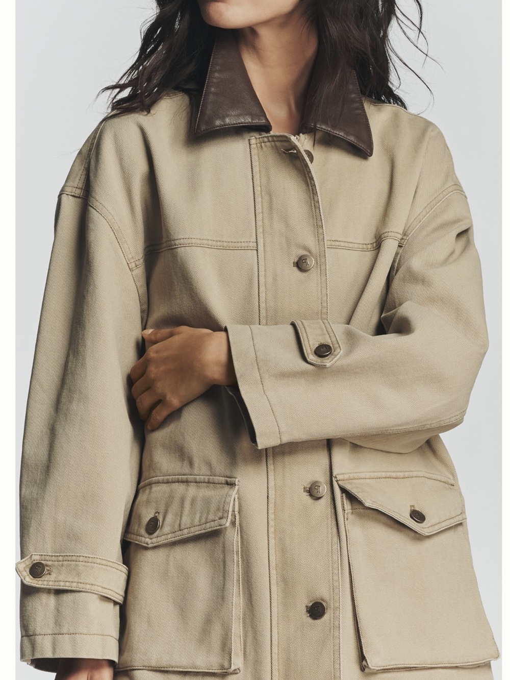Anthropologie Barn Jacket Faux Leather Collared New XL Sand Khaki Brown